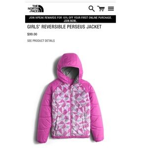 Northface Girls Perseus Jacket reversible NWT 6